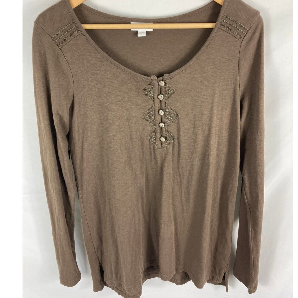 J Jill Button V Neck Long Sleeve Blouse Brown Size Small